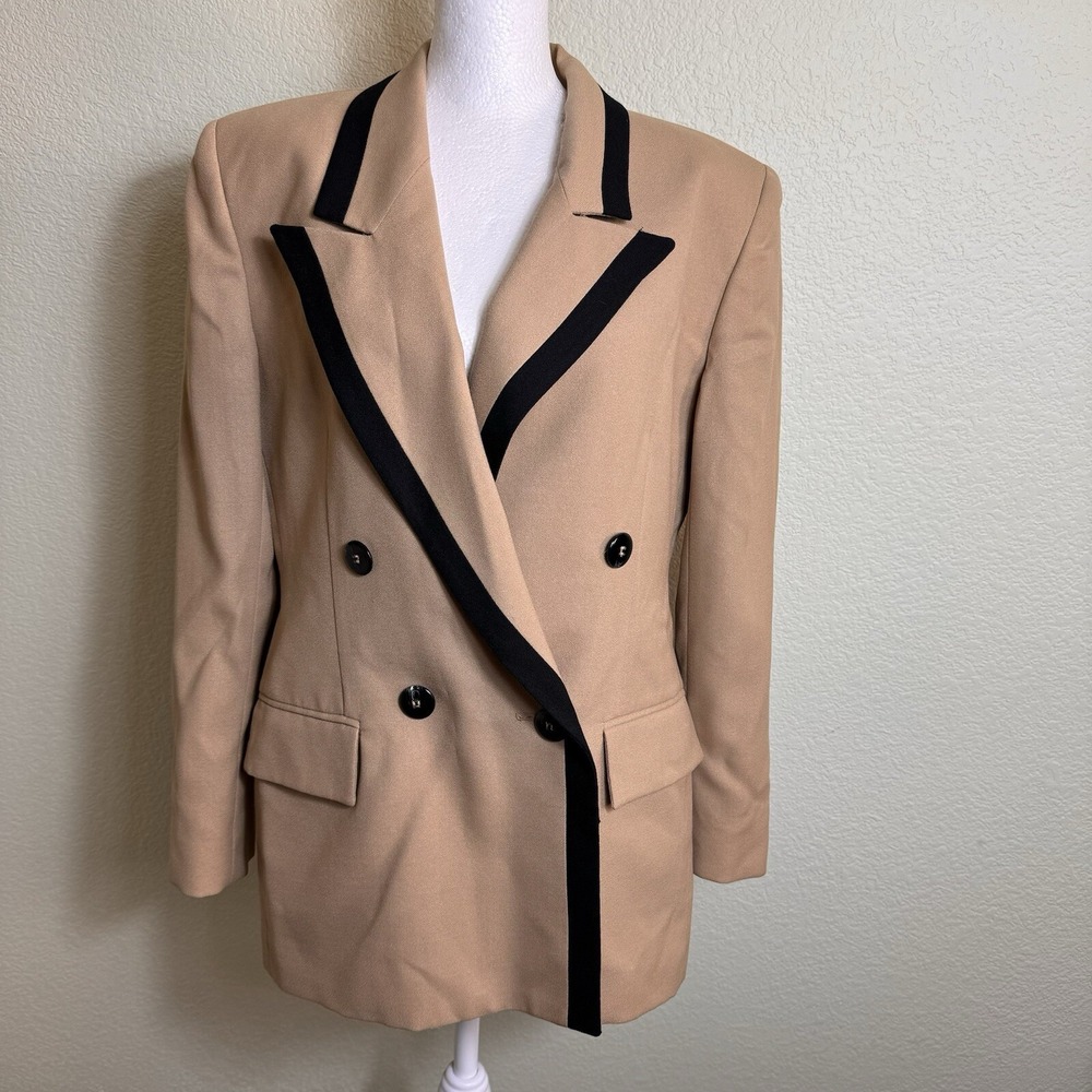 Vintage Saville Petite‎ Women's Blazer Tan with Black Trim Sz 12P Lined Made USA
